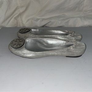 Tory Burch REVA Metallic Pebbled Leather Ballerina Ballet Flat Shoes Size 12M